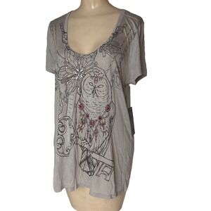 Key Closet Shirt Womens M Owl Tee Tshirt Top Swarovski gray thin semi sheer Y2K
